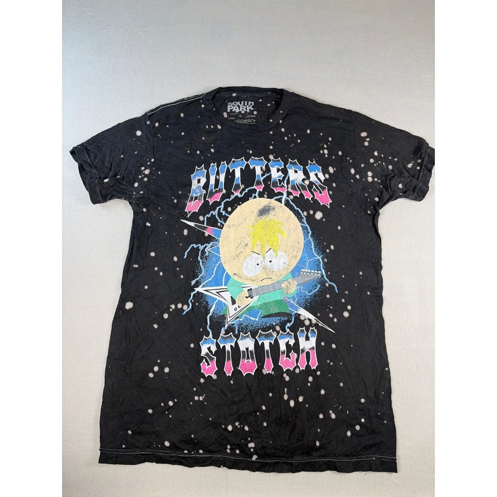 South Park Butters Stotch Guitar Black Bleach Splatter Graphic T-Shirt Mens M
